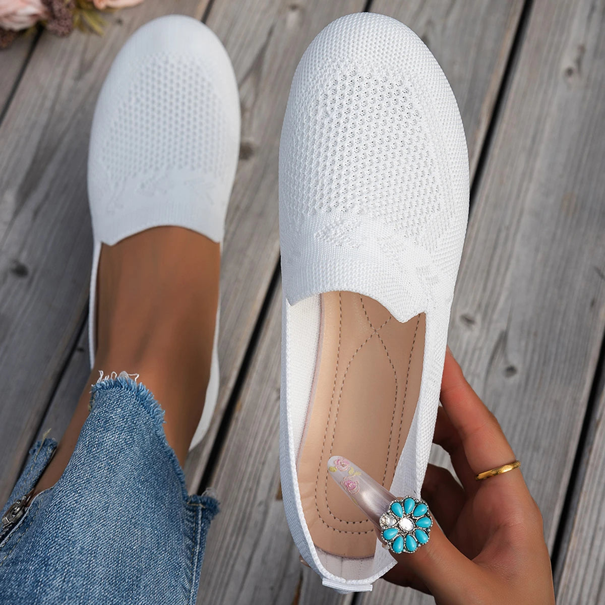 Xajzpa Solid Color Square Toe Mesh Loafers Shallow Women Flats Shoes Soft Bottom Knit Ballet Flats Shoes Casual Slip on Boat Shoes