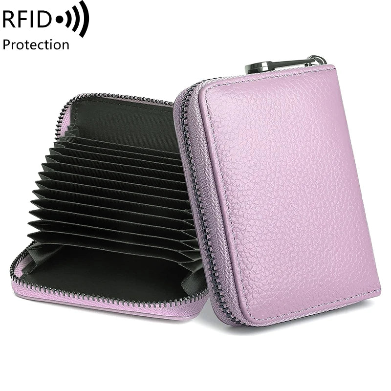 Xajzpa RFID Genuine Leather 14 Slot Credit Card Wallet with Zipper Suitable for Women or Men's Accordion Wallet