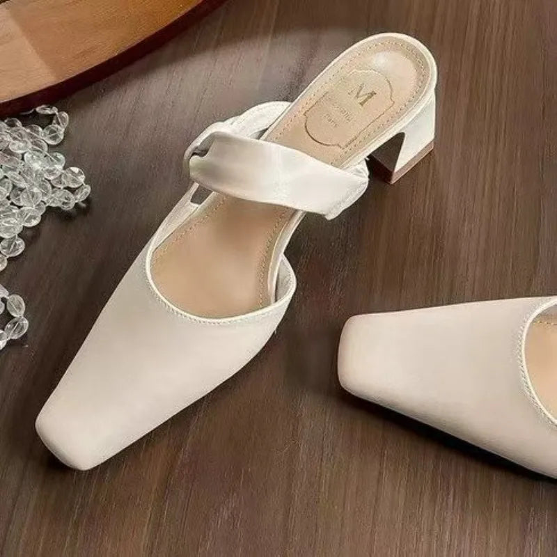 Xajzpa Summers New Style Evening Breeze Baotou Half Slippers French Low Heel Women's Shoes Summer New Thick Heel Slippers Zapatos Mujer
