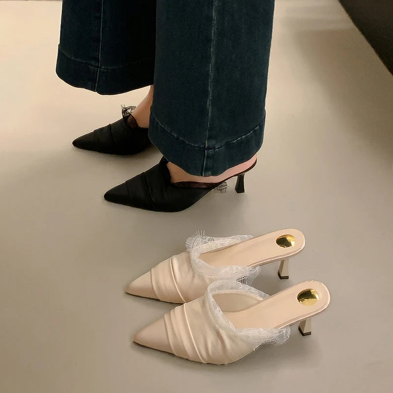 Xajzpa Female Shoes Slippers Women Summer Slides Thin Heels Cover Toe Heeled Mules Lace 2025 High Pointed Shoes Woman 2025 Female Mule