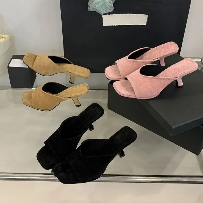 Xajzpa Summer Fashion Square Toe Women Slippers Fashion Thin Low Heels Slide Shoes Elegant Party Dress Zapatos De Mujer