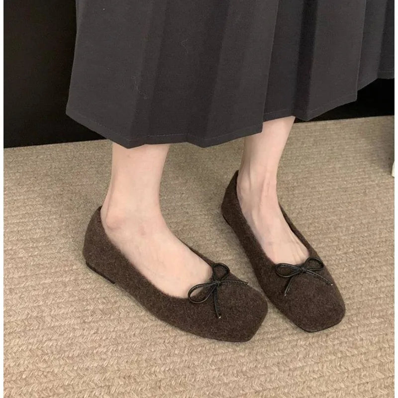 Xajzpa Woman Casual Square Head Bow Flats Flock Mocasines Ballerina Church Flats Female Suede Elegant Soft Sole Women Shoes
