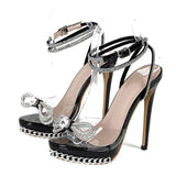 Xajzpa Summer Fashion Crystal Bowknot Transparent Sandals Women Silver Chain Designer High Heels platform Shoes Sandalias