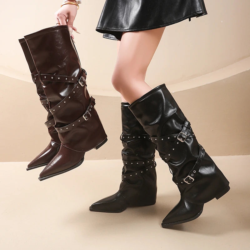 Xajzpa Designer Women's Boots Spring Cosy Pointed Toe Woman Shoes  Fashion Sexy Knee-High Boots for Women Belt Buckle Thick Heel Boots