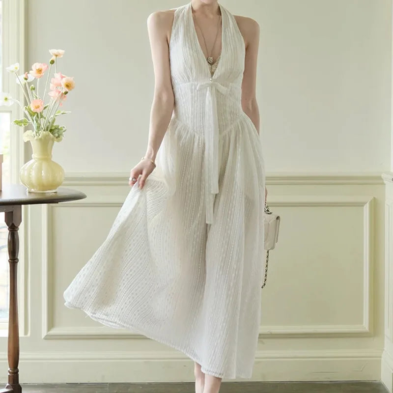 Xajzpa Fashion Casual Dress Women's V Neck Sleeveless Bow Waist Retraction A Line Dresses 2025 Summer New Tide