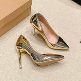 Xajzpa New Style Women's Soft Leather Sliver Gold High Heels Shoes Fashion Women Pumps Pointed Toe Slip-on Office Woman Wedding Shoes