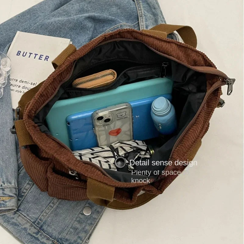 Xajzpa Corduroy Large Capacity Women Shoulder Bag Classic Korea Style Elegant Tote Bag Traveling Multilayer Thick Classy Crossbody Bag
