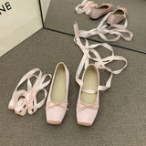 Xajzpa Women Flats Bow Marie Janes Shoes Elegant Wedding Shoes Lolita Dress Square Toe Shoes Designer Walking Shoes Female Zapatos