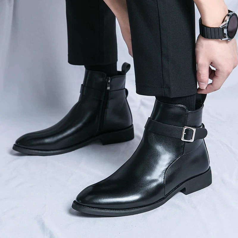 Xajzpa high-quality new ankle boots with side zipper brown black classic business casual party personalized buckle men's shoes