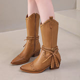 Xajzpa New Faux Leather Retro Western Boots Women Rivet Belt Buckle Mid Calf Boots Square High Heels Punk Cowboy Boots