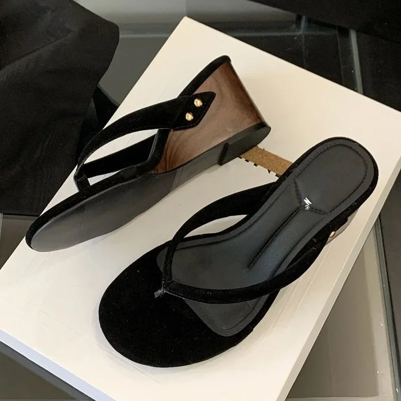 xajzpa New Fashion Shallow Round Clip Toe Wedge Woman Slippers Summer Timber High Heels Flip Flops Slide Shoes