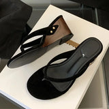 xajzpa New Fashion Shallow Round Clip Toe Wedge Woman Slippers Summer Timber High Heels Flip Flops Slide Shoes