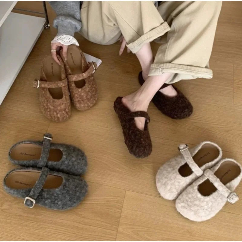 Xajzpa Big Size 43 Women Lambswool Slippers Winter Sheep Fur Shoes Ladies Flat Cotton Slides Home Pantuflas Daily Slip On Furry Mules