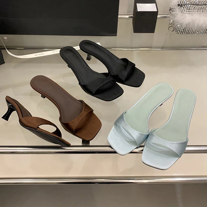 Xajzpa Summer Fashion Open Toe Women Slipper Slip On Elegant Thin Low Heel Silk Dress Ladies Slides Shoes Zapatillas De Mujer