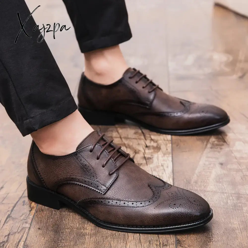 Brogue Formal Shoes Men Dress Leather Fashion Flats Genuine Retro Pointed Toe Oxford Male Footwear