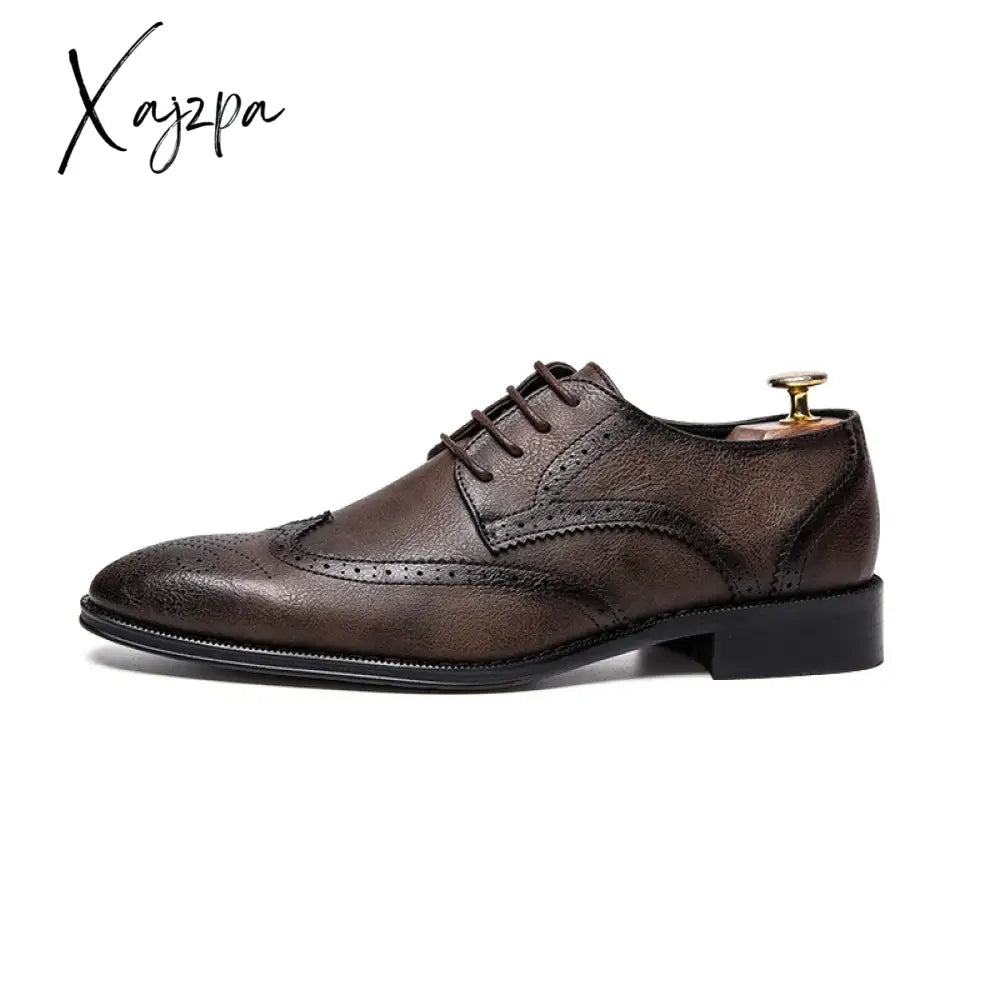 Brogue Formal Shoes Men Dress Leather Fashion Flats Genuine Retro Pointed Toe Oxford Male Footwear