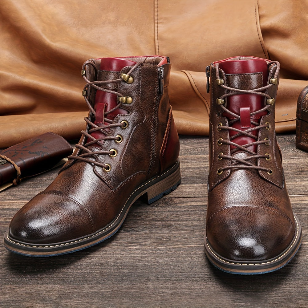 Men's Vintage Style Cap Toe Dress Boots with Side Zippers, Dress Shoes