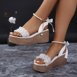 Xajzpa Chic Faux Pearl Wedge Sandals - Open Toe, Ankle Strap, Platform Heel in Solid Color