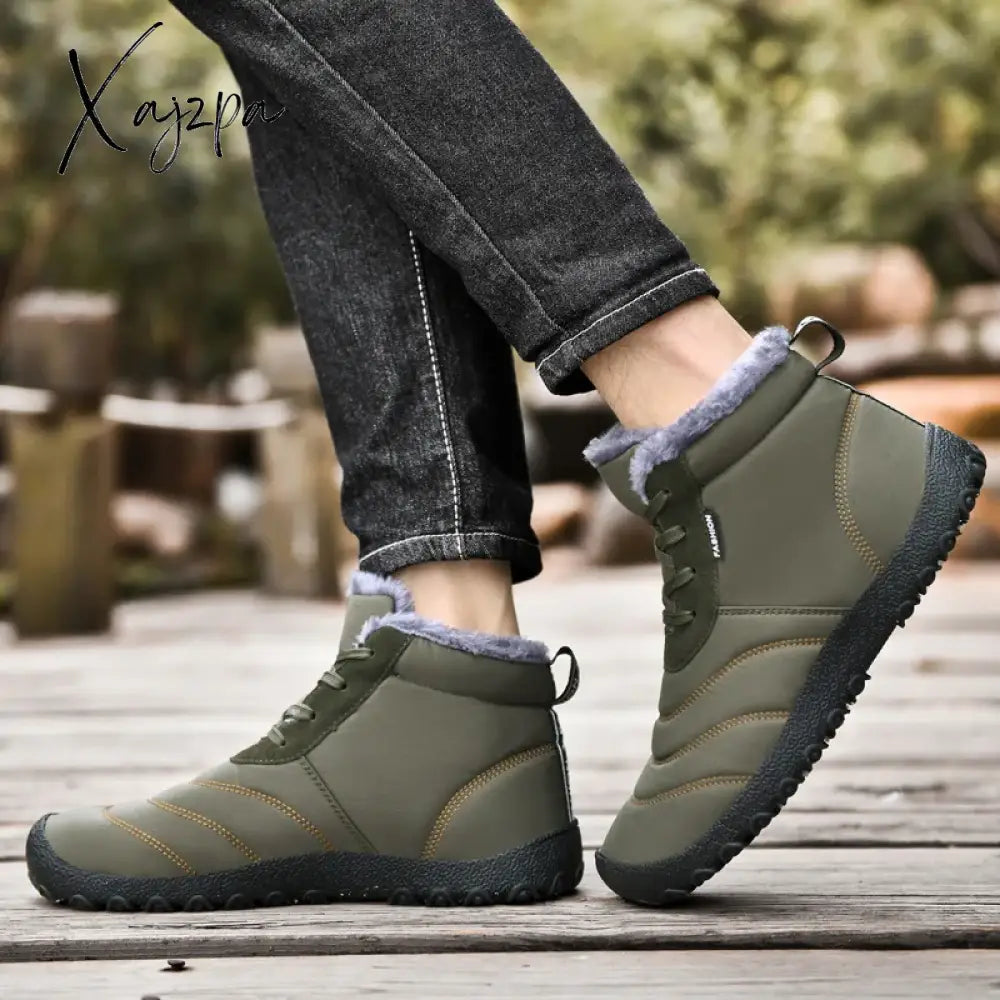 New Men Snow Boots Thick Plush Outdoor Waterproof Slip On Sneakers Winter Sewing Elastic Band Warm