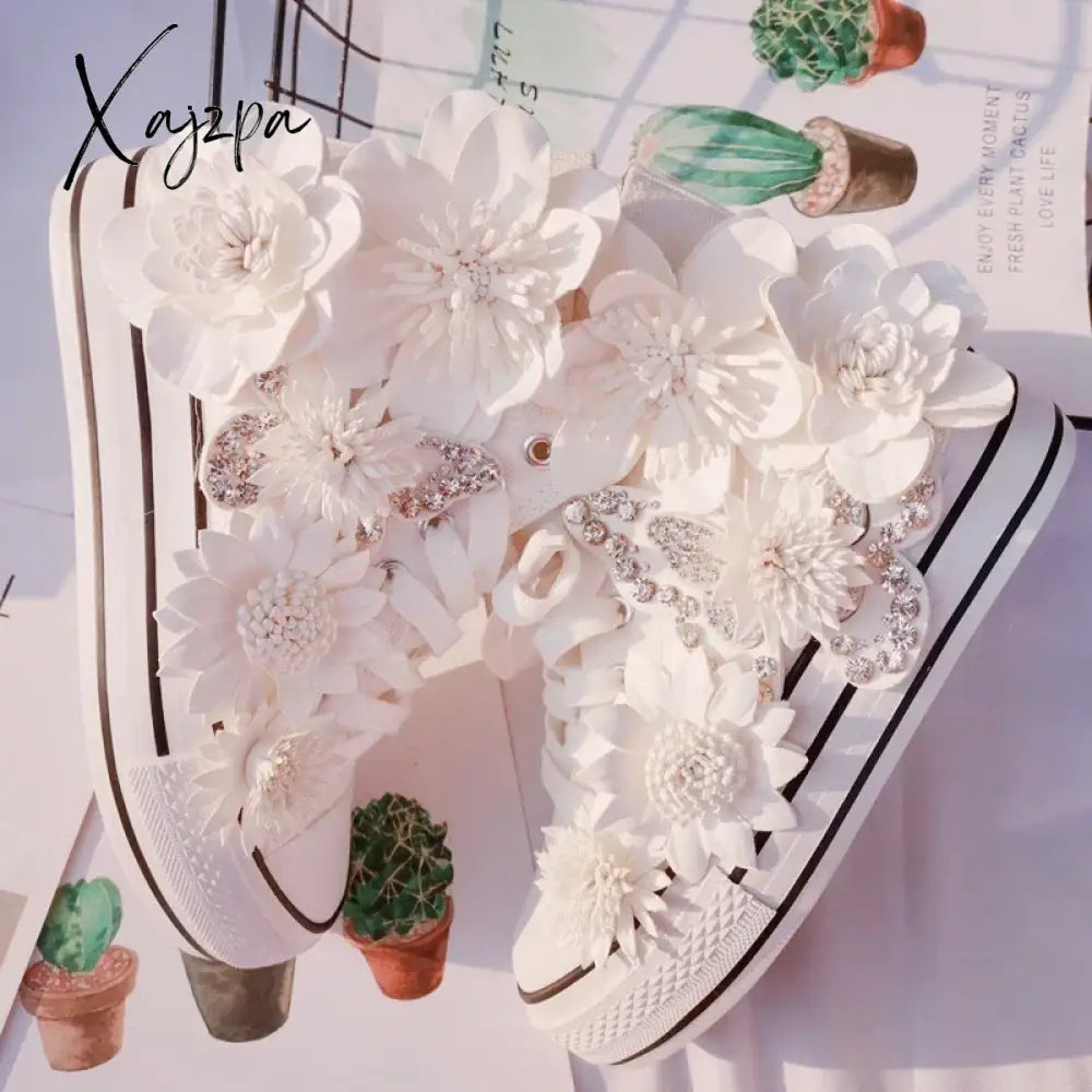 New White Inner Height-Increasing Vulcanized Shoes Original Butterfly Flower High-Top Canvas Sweet