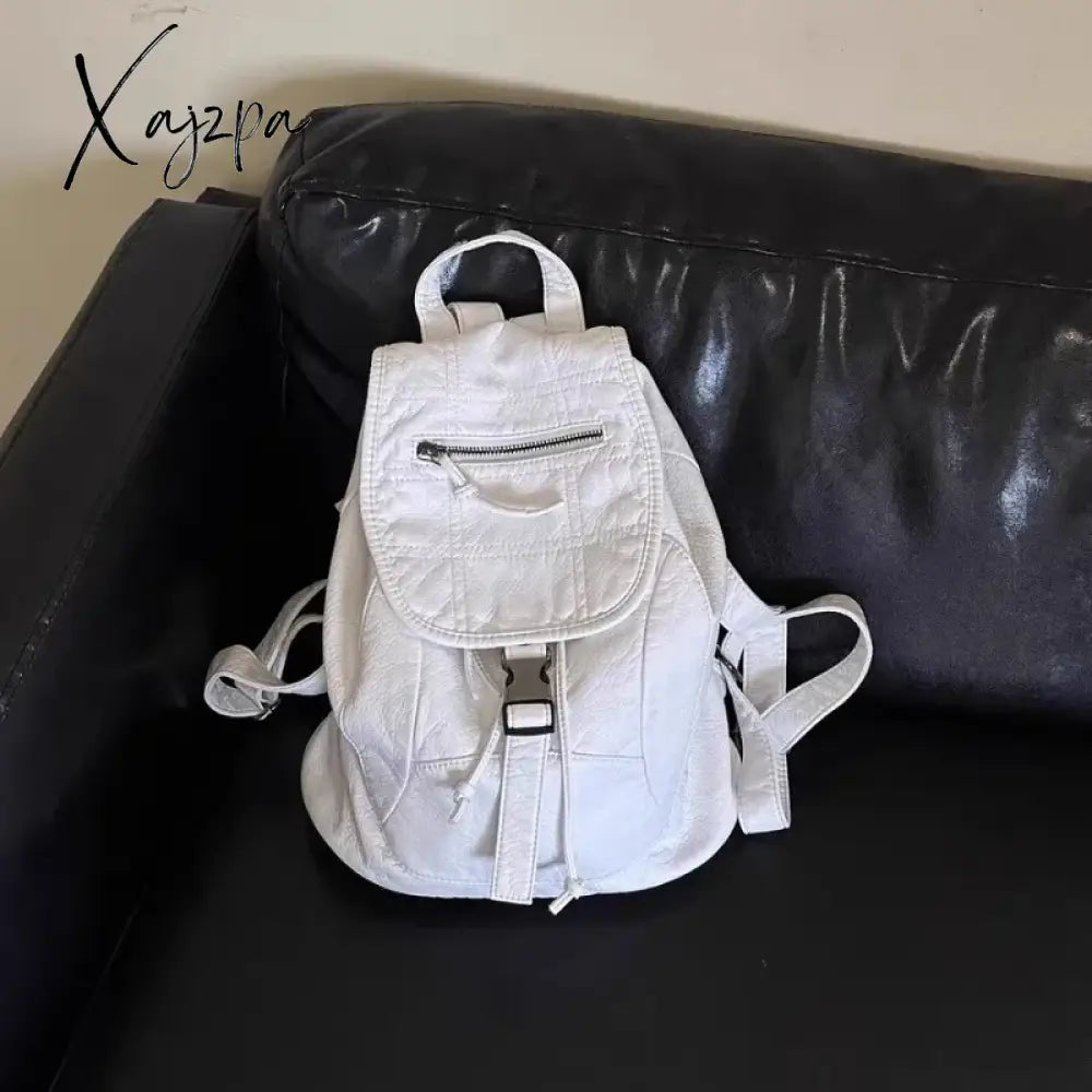 Pure White Womens Backpack Vintage Leather Soft Washed American Style College Large Capacity New