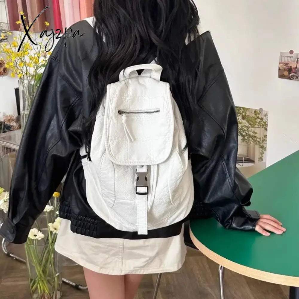 Pure White Womens Backpack Vintage Leather Soft Washed American Style College Large Capacity New