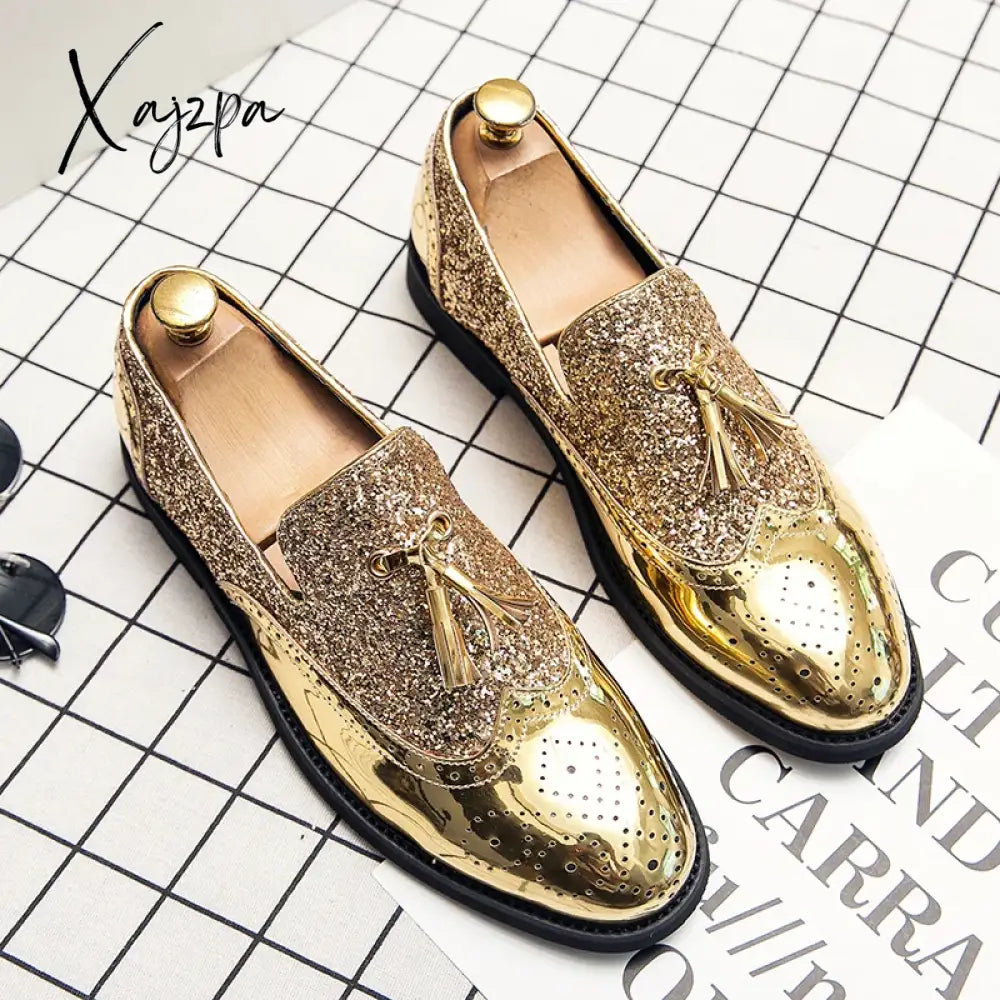Spring Tassel Men’s Shoes Golden Nightclub Casual Loafers Mens Slip-On Comfort Bright Leather