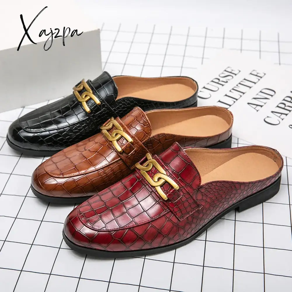 Summer Luxury Brand Men Shoes Casual Mens Half Drag Loafers Leather Slipper Breathable Slip On Lazy
