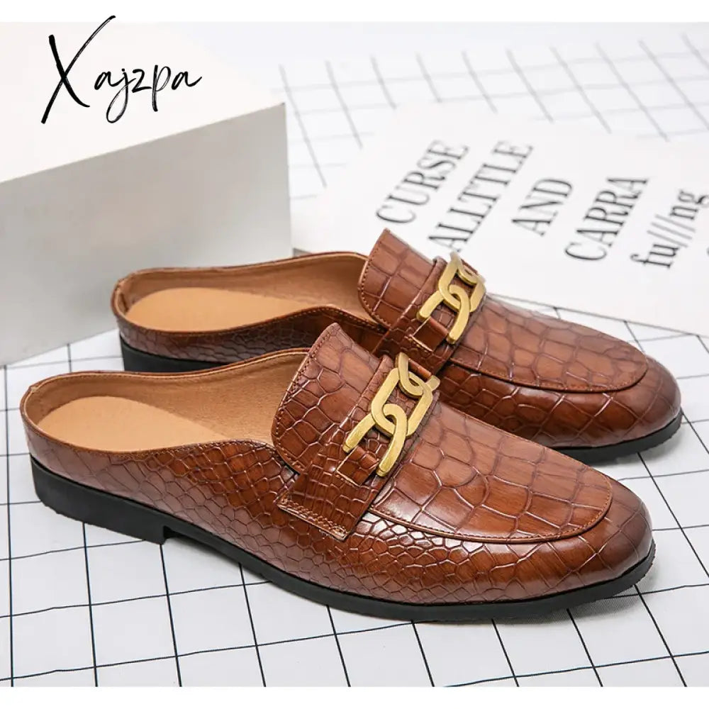 Summer Luxury Brand Men Shoes Casual Mens Half Drag Loafers Leather Slipper Breathable Slip On Lazy