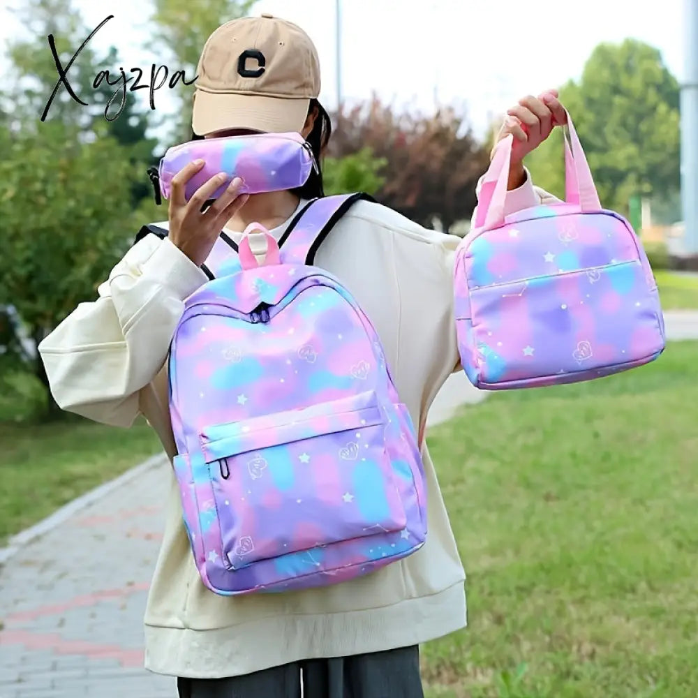 Vibrant Tie Dye Cartoon Pattern Backpack - Spacious School Bag With Insulated Lunch Box Pencil Case