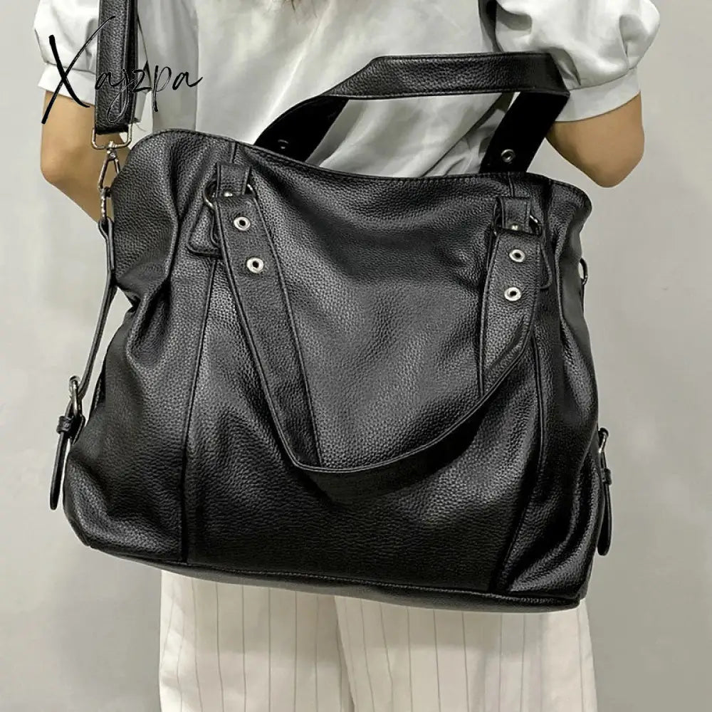 Women’s Black Large Shoulder Bag Quality Pu Leather Lychee Pattern Ladies Soft Tote Handbag