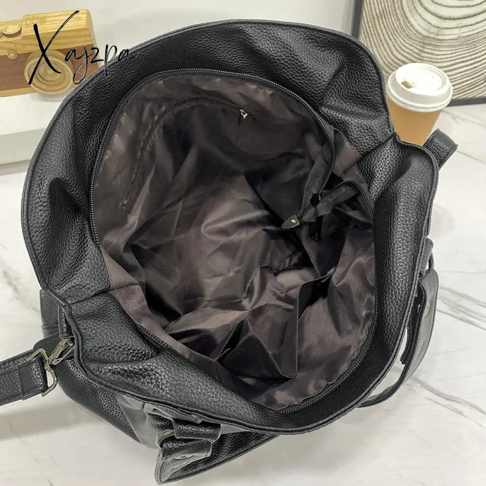 Women’s Black Large Shoulder Bag Quality Pu Leather Lychee Pattern Ladies Soft Tote Handbag