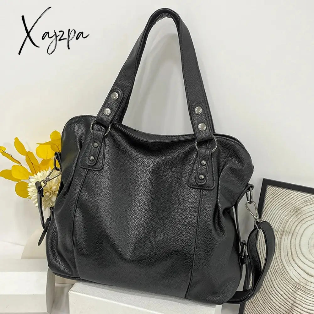 Women’s Black Large Shoulder Bag Quality Pu Leather Lychee Pattern Ladies Soft Tote Handbag