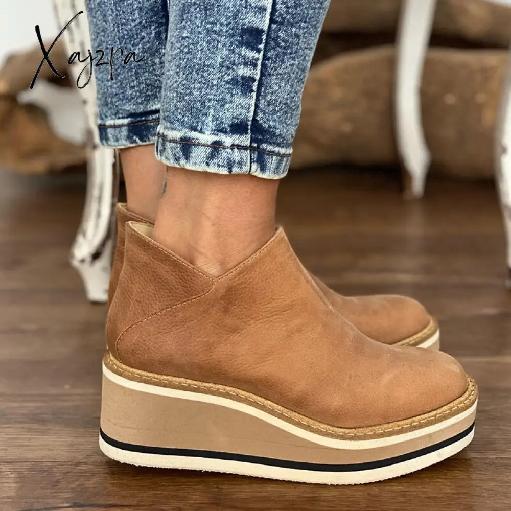 Xajzpa - 2023 Fashion Women Short Boots Round Toe High Top Platform Wedges Retro Booties Soft