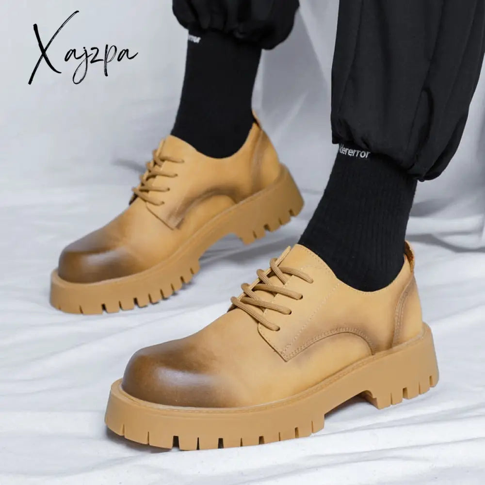 Xajzpa - 2023 Men Korea Leather Platform Oxfords Slip On Thick Tottom Male Derby Shoes Casual