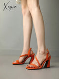 Xajzpa - 2023 New Arrival Crystal Thick High Heels Women Sandals Fashion Square Toe Buckle Strap