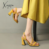Xajzpa - 2023 New Arrival Crystal Thick High Heels Women Sandals Fashion Square Toe Buckle Strap