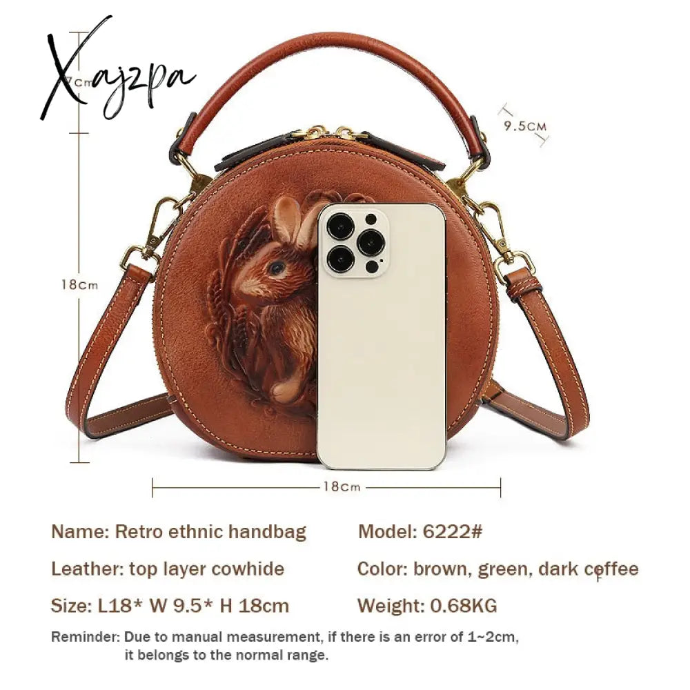 Xajzpa - 2023 New Retro Round Women’s Genuine Leather Handbags For Ladies Luxury Designer Rabbit