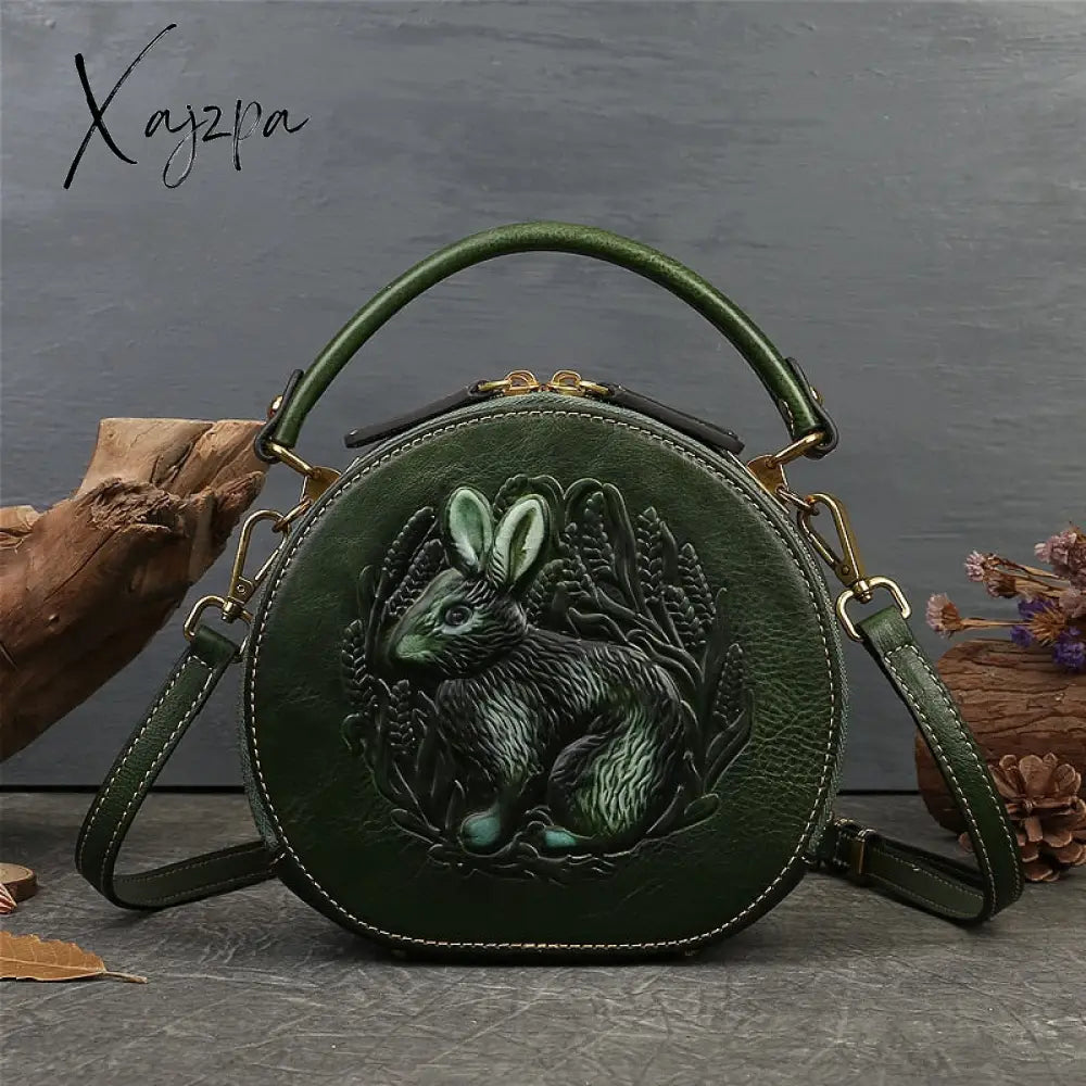 Xajzpa - 2023 New Retro Round Women’s Genuine Leather Handbags For Ladies Luxury Designer Rabbit