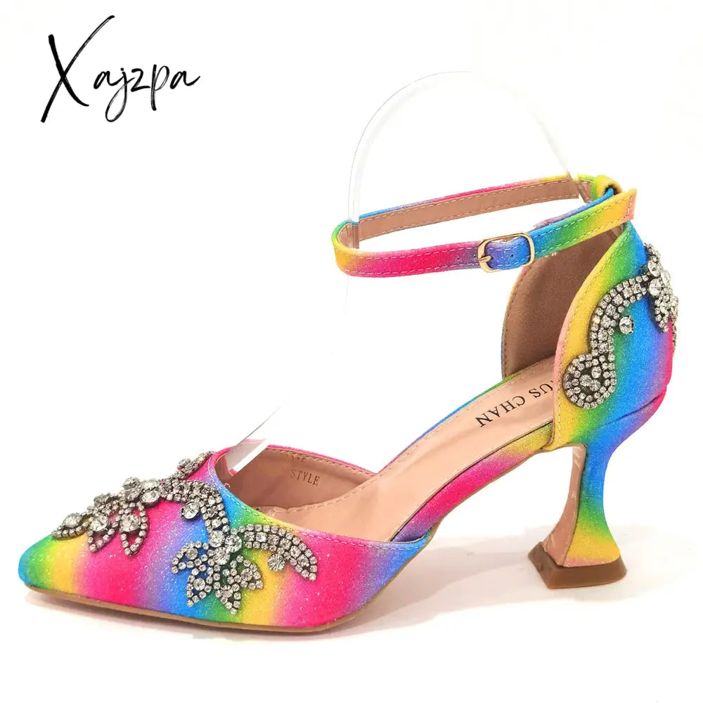 Xajzpa - 2023 Summer Fashion Rhinestone Pointed Toe Womenโs High Heels Sexy Party Rainbow Colors