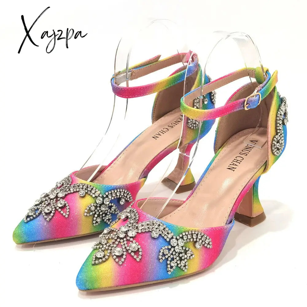 Xajzpa - 2023 Summer Fashion Rhinestone Pointed Toe Womenโs High Heels Sexy Party Rainbow Colors