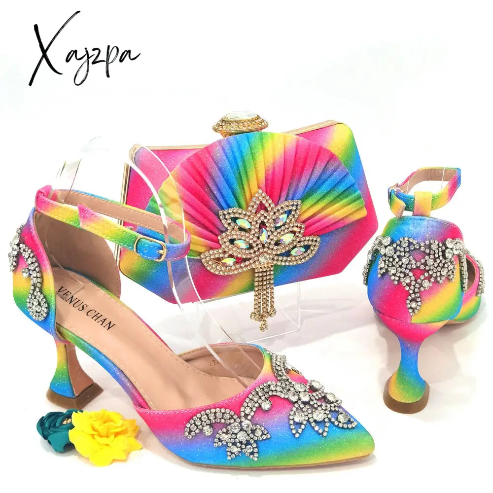Xajzpa - 2023 Summer Fashion Rhinestone Pointed Toe Womenโs High Heels Sexy Party Rainbow Colors