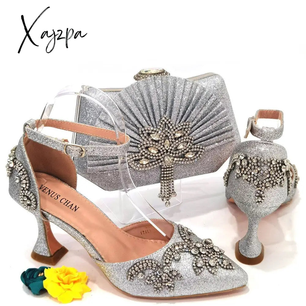 Xajzpa - 2023 Summer Fashion Rhinestone Pointed Toe Womenโs High Heels Sexy Party Rainbow Colors