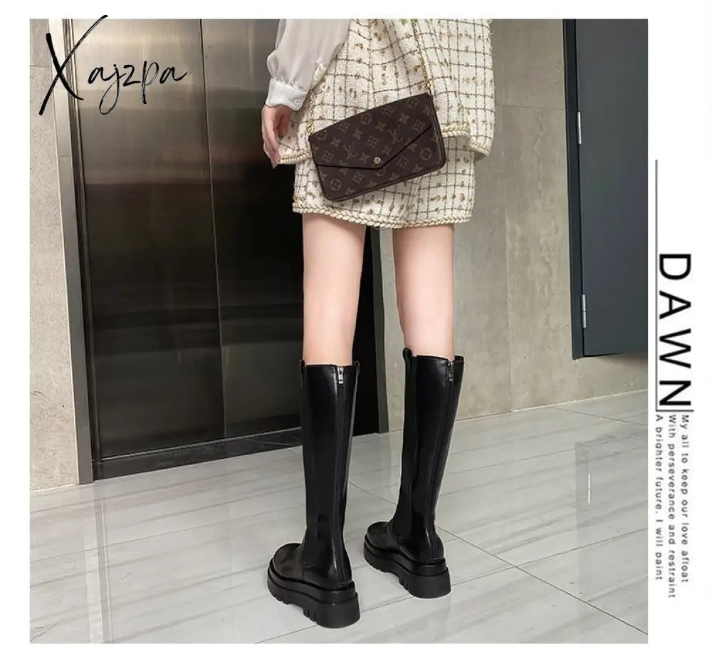 Xajzpa - 2023 Woman Boots Fashion Waterproof Winter Shoes Zipper Pu Leather Knee High Non-Slip