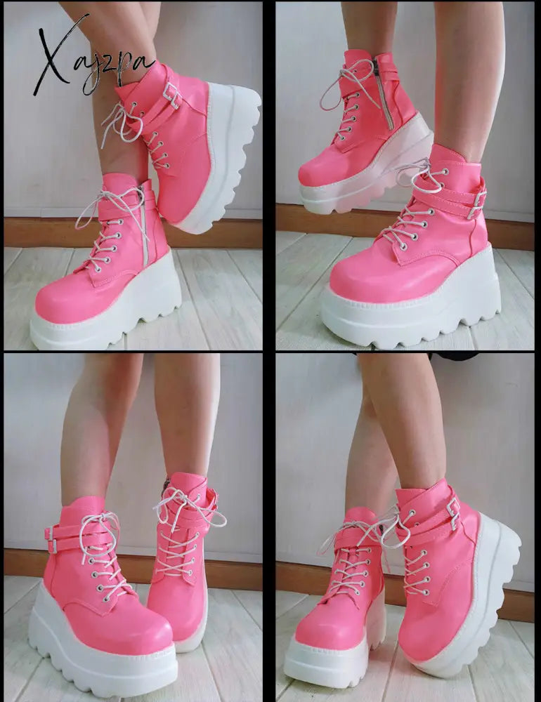 Xajzpa - 2024 Women Punk Gothic Motorcycle Boots Platform Chunky High Heels Ankle Boot Winter