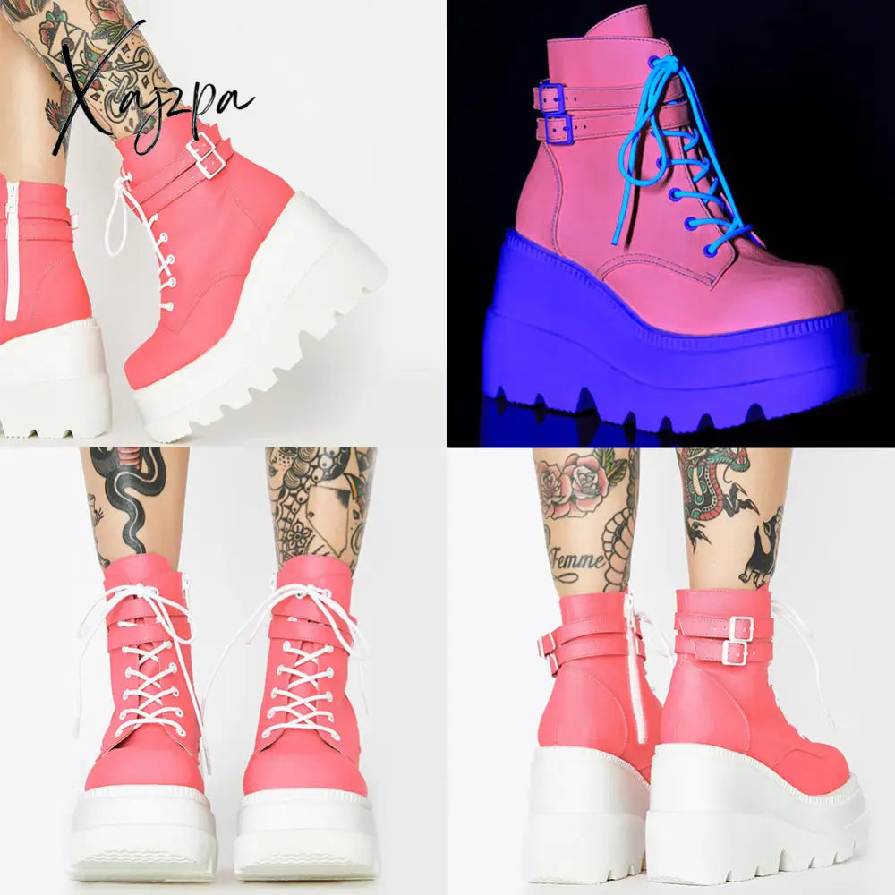 Xajzpa - 2024 Women Punk Gothic Motorcycle Boots Platform Chunky High Heels Ankle Boot Winter