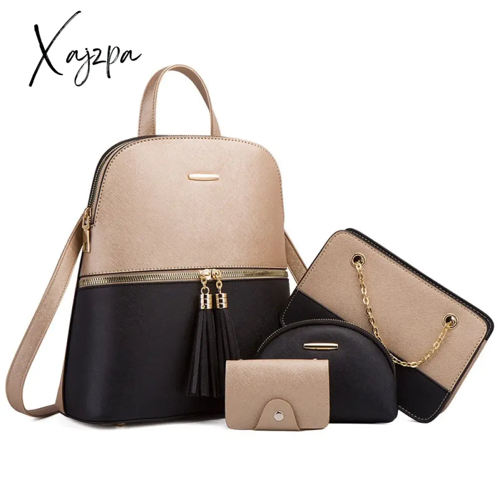 Xajzpa - 4Pcs/Set Woman Fashion Backpack Set Female Shoulder Crossbody Bag Pu Leather Purse Clutch