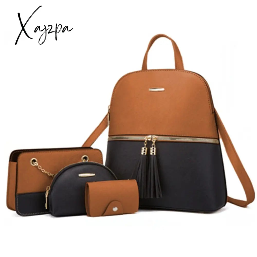Xajzpa - 4Pcs/Set Woman Fashion Backpack Set Female Shoulder Crossbody Bag Pu Leather Purse Clutch