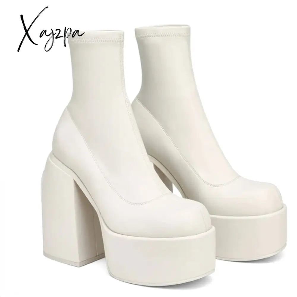 Xajzpa - Ankle Boots Women Fashion High Platform Shaped Heel Chunky Heels Zipper Designer Shoes 44