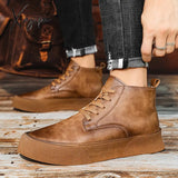 Xajzpa - Autumn Men Ankle Boots High-cut Solid Genuine Leather Sneakers Motorcycle Boots Tooling Boots Platform Skateboard Sport Shoes